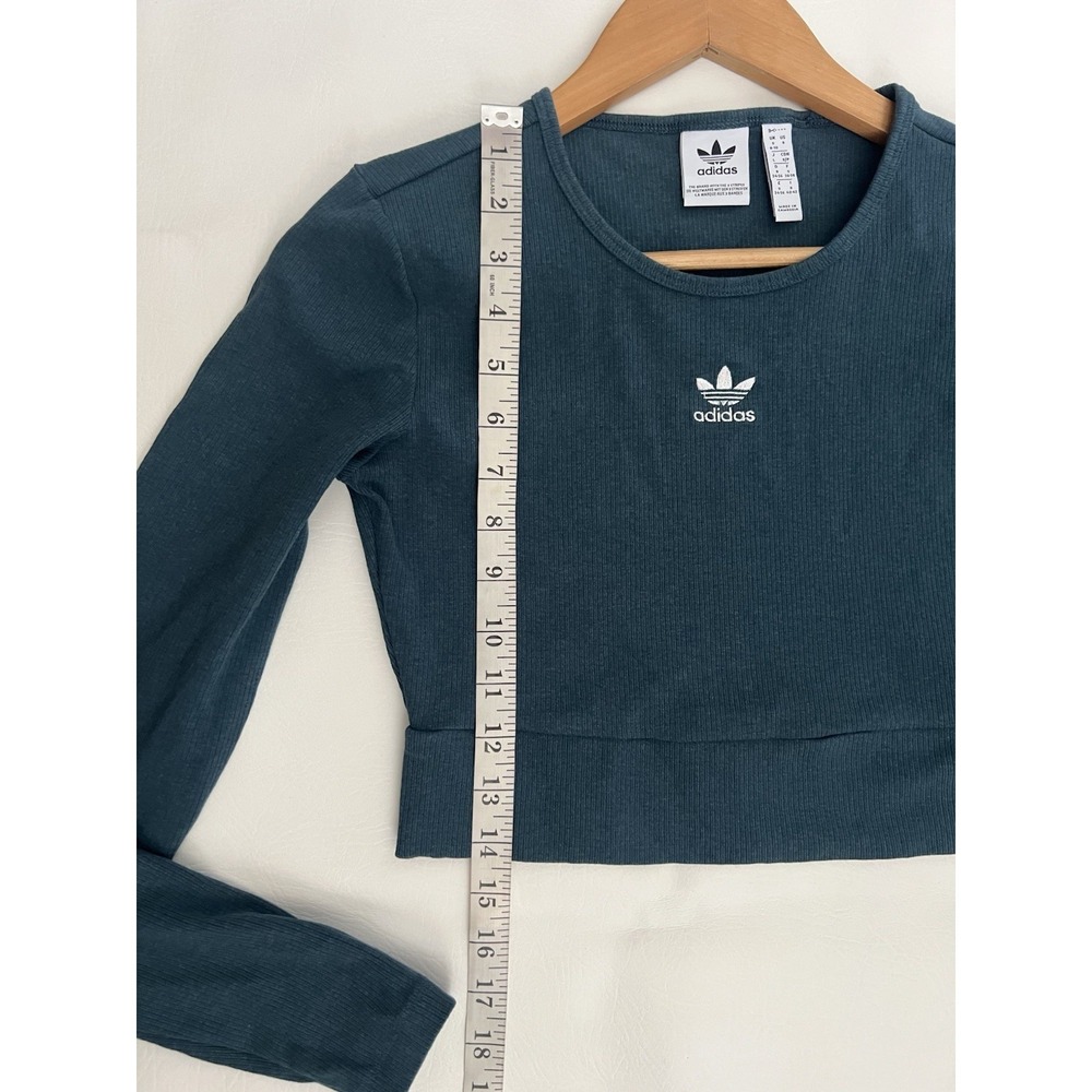 Adidas Ribbed Long Sleeve T-Shirt Teal Green Cropped Athleisure Sporty Casual - Picture 11 of 11